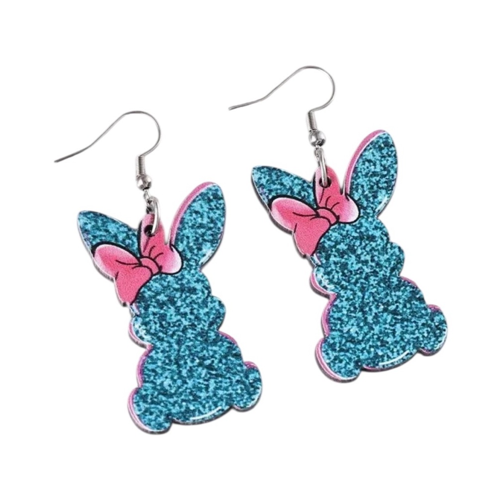 Glittery Blue Pink Bow Bunny Earrings